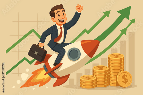 Businessman riding a rocket for financial success and earnings growth. Business boost, startup launch and career promotion concept. Vector cartoon illustration with money coins and graph.