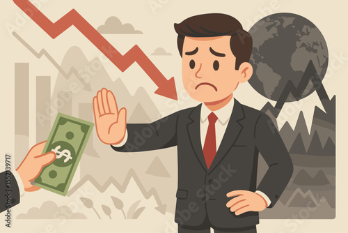Economic crisis and financial recession concept. Worried businessman rejecting US dollar money, fearing investment risk and loss. Global stock market crash, bear market, inflation vector.