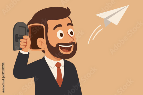 Businessman opens a door in his head to launch a paper airplane. Metaphor for open mind, creativity, innovation, and a new idea. Concept for startup business and thinking outside the box.
