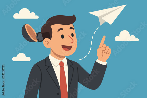 Businessman opens his mind to launch a paper plane, a metaphor for creative ideas and business startups. Concept of innovation, open-mindedness, vision, and project launch.