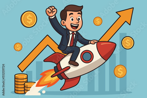 Happy businessman riding rocket up an arrow graph. Concept of financial success, business growth, startup launch, career boost. High salary, earnings increase, investment profit. Vector