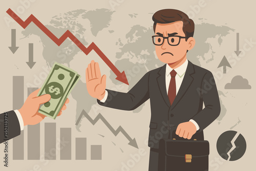 Businessman rejects US dollar money. Concept of global economic crisis, financial recession and investment risk. World market crash, inflation, de-dollarization and bankruptcy.