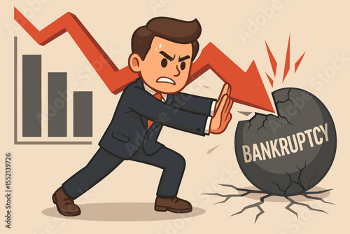 Financial crisis and bankruptcy concept. Determined businessman pushing a wrecking ball to stop economic collapse. Man struggling against debt and recession. Cartoon vector illustration.