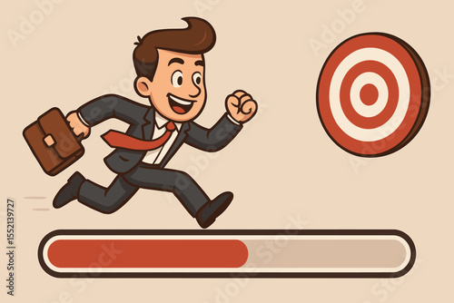 Businessman character running on a progress bar towards a target goal. Business concept of career growth, motivation, ambition, and success achievement. Vector cartoon illustration.