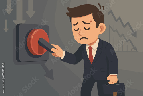 Stressed businessman pulling lever to shut down company. Metaphor for business closure, financial crisis, bankruptcy, market crash, recession. Sad employee facing failure concept.