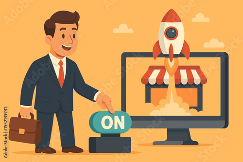 Businessman launching a new online shop. Entrepreneur pressing the ON button for a startup company launch. Rocket taking off from computer. E-commerce success concept. Vector cartoon.