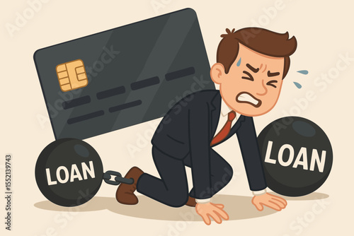 Stressed businessman chained to a heavy loan ball and chain, carrying a huge credit card on his back. Financial crisis concept. Debt burden, bankruptcy, and credit problems metaphor.
