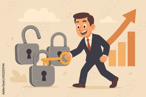 Businessman uses key to unlock padlocks, a metaphor for solving problems and finding solutions. Business success, growth strategy, and unlocking opportunity vector concept.