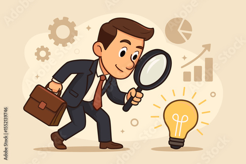 Businessman using magnifying glass to find a brilliant idea lightbulb. Concept of business opportunity, market research, innovation, creativity, strategic planning, and analysis.