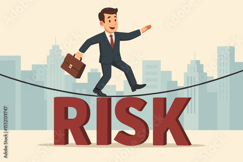Businessman balancing on a tightrope over the word RISK. Business concept of risk management, financial investment danger, career challenge, and corporate uncertainty. Vector.