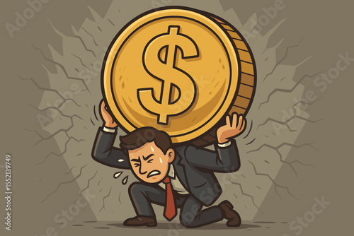 Businessman carrying heavy dollar coin. Metaphor for financial pressure, debt burden, economic crisis, and recession. Corporate struggle and business bankruptcy concept. Vector.