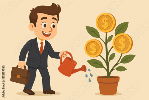 Businessman watering money plant for financial growth. Investment success and profit concept. Cartoon character nurturing savings and capital. Return on investment metaphor vector.