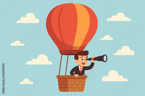 Businessman in a hot air balloon with a spyglass searching for new opportunities. Business concept of vision, growth, leadership, and success. Future strategy and market exploration.