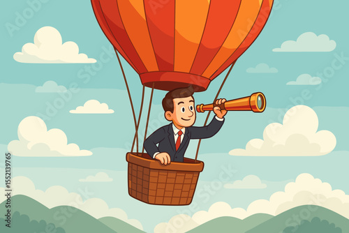 Businessman in a hot air balloon with a spyglass, searching for new opportunities. Business vision, leadership, and corporate strategy concept for future success and growth.
