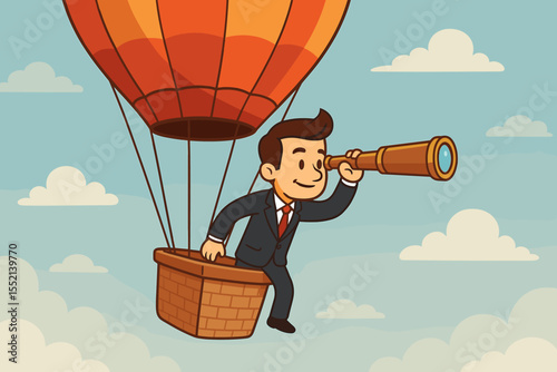 Businessman in hot air balloon with spyglass searching for opportunities. Business vision concept for future, leadership, success, career growth, discovery. Vector cartoon illustration.