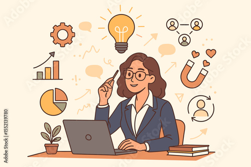 Businesswoman developing innovative marketing strategy for customer engagement and retention. Business concept with lightbulb idea, data analytics charts, and client loyalty icons.