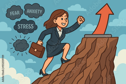 Ambitious businesswoman overcoming fear anxiety stress climbing mountain achieving career success leadership growth vector illustration motivation challenge workplace empowerment concept