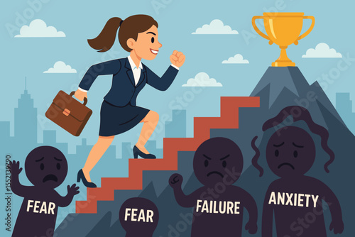 Ambitious businesswoman climbing stairs overcoming obstacles like fear, failure, and anxiety, achieving career goals, success motivation, leadership, professional growth, vector illustration