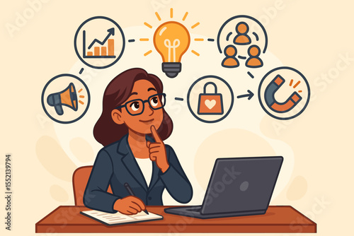 Businesswoman brainstorming innovative marketing strategies for customer engagement and retention. Concept of business growth, sales increase, promotion, brand loyalty, and attraction.