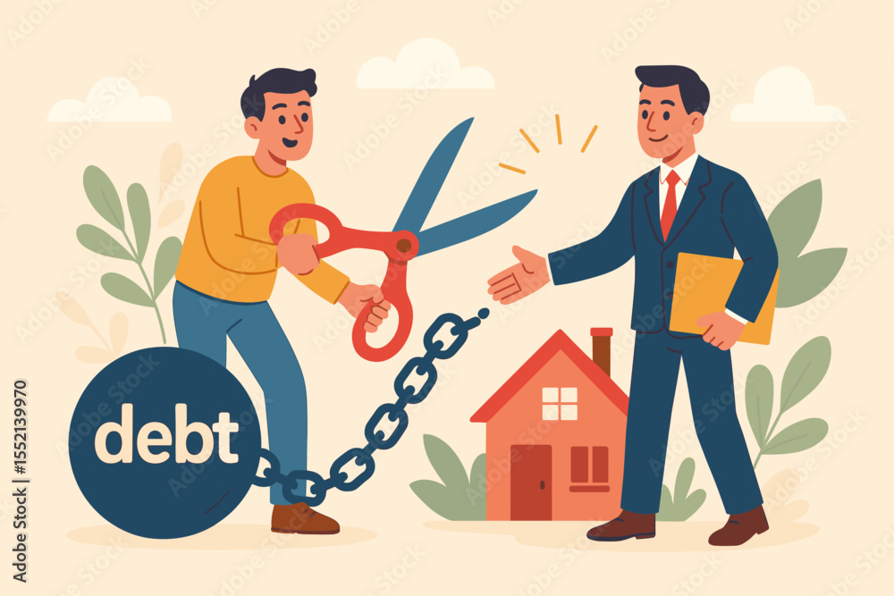 Reducing debt burden concept, freeing from loan pressure, cutting mortgage payments, negotiating with bank for financial freedom, debt relief, financial advisor help, homeownership vector illustration Reducing debt burden concept, freeing from loan pressure, cutting mortgage payments, negotiating with bank for financial freedom, debt relief, financial advisor help, homeownership vector illustration