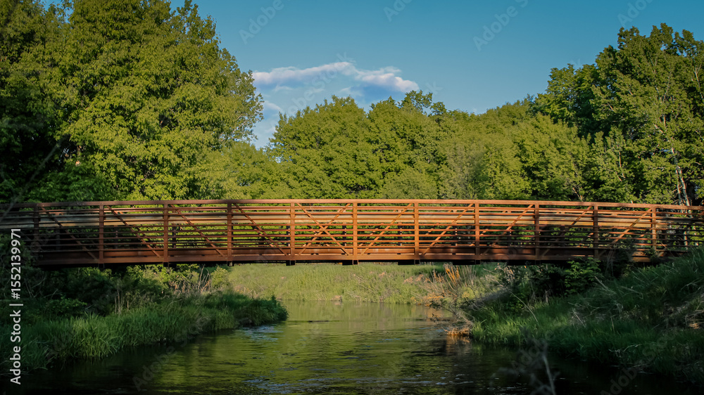 Fototapeta premium a beautiful bridge scene stretched over a reflective creek or stream. footbridge on a sunny day. midwest united states