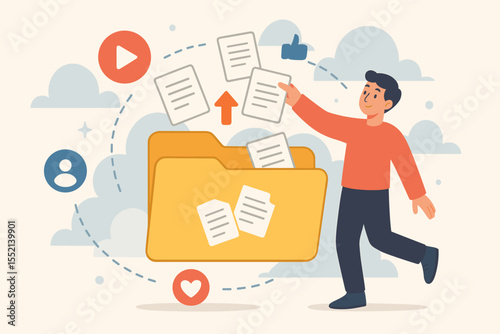 Cloud data storage and file sharing concept, man uploading documents to large cloud folder, online content distribution, social media management, digital file transfer, vector illustration