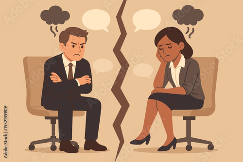 Workplace conflict and communication breakdown concept. Business colleagues arguing, divided by misunderstanding, miscommunication, stress, tension, lack of dialogue. Vector office illustration