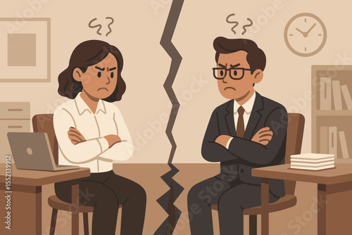 Office conflict, business disagreement, stressed coworkers argue at workplace. Colleagues in suit and shirt cross arms, unhappy, divided by jagged line, concept of bad teamwork, workplace tension