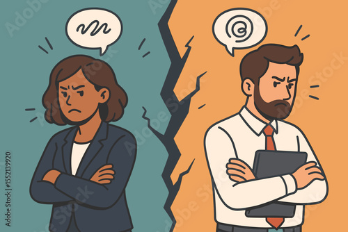 Workplace conflict and communication breakdown between colleagues. Misunderstanding, disagreement, lack of dialogue, business dispute, professional argument. Vector cartoon illustration.