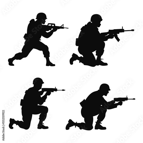 Four Silhouetted Soldiers Aiming Rifles military
