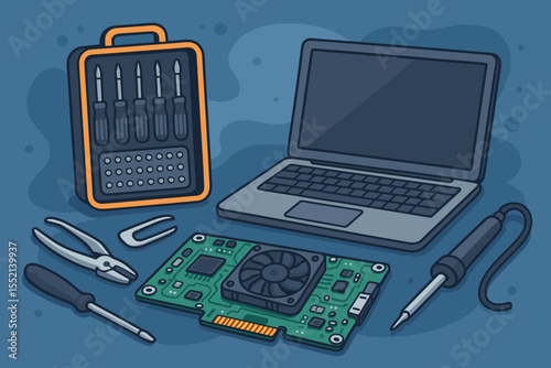 Computer Repair Tools Kit Laptop Maintenance Vector. Cartoon Electronics Technician Workspace with Screwdriver Set, Pliers, Soldering Iron, Circuit Board on Blue Background. Tech Support Concept