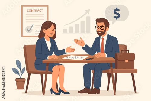 Business contract negotiation, deal agreement discussion, financial partnership, office meeting, coworkers at table, analytics, dollar sign, cartoon vector illustration, professional teamwork