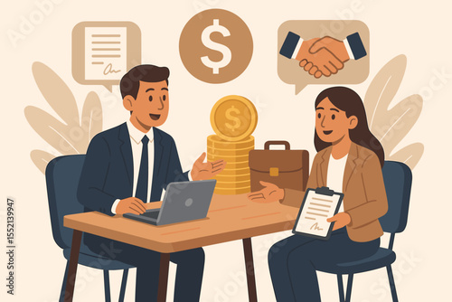Business contract negotiation and financial agreement vector. Cartoon illustration of man and woman discussing deal, handshake, signature, money, investment, corporate collaboration concept