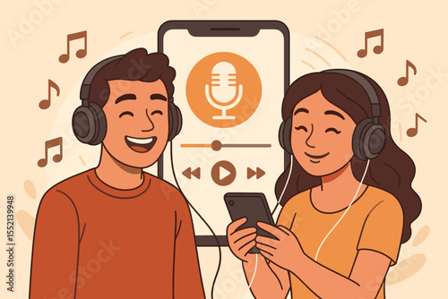 Cartoon Couple Listening to Podcasts and Music with Headphones, Streaming Audio Content on Smartphone App, Enjoying Online Radio Shows and Digital Entertainment, Modern Media Consumption Concept
