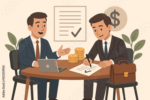 Business contract negotiation financial deal discussion. Two businessmen in suits at table with laptop, documents, coins, signing agreement, handshake illustration. Investment partnership vector