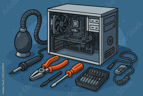 Computer Repair Tools and Maintenance Kit Illustration. Desktop PC Case, Screwdrivers, Pliers, Blower, Bits, Tech Equipment for IT Support, Electronics Repair, Hardware Upgrade, Vector Cartoon