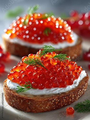 Close-up of delicious red caviar on toast with cream cheese. Ideal for a gourmet meal or luxurious appetizer.