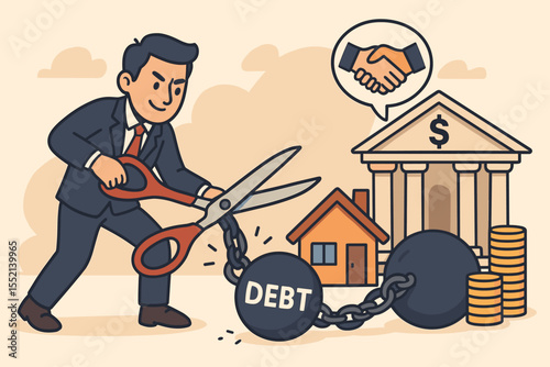 Businessman Cutting Debt Chains Financial Freedom Concept Negotiating Loan Reduction Bank Mortgage Payment Relief Agreement Real Estate Investment Savings Success Vector Illustration