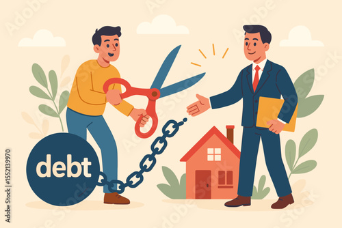 Reducing debt burden concept, freeing from loan pressure, cutting mortgage payments, negotiating with bank for financial freedom, debt relief, financial advisor help, homeownership vector illustration