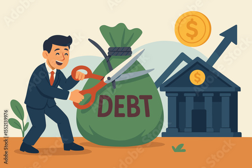 Businessman Cutting Debt Burden with Scissors, Reducing Loans and Mortgage Payments, Negotiating with Bank for Financial Freedom and Economic Growth, Investment Success Vector Illustration