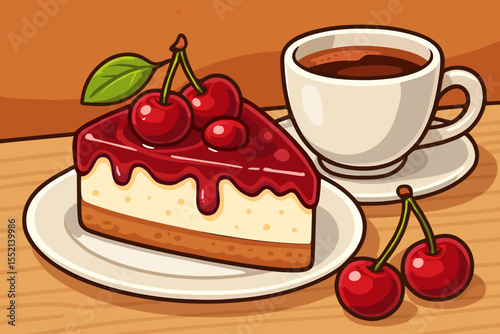 Cartoon cherry cheesecake slice with red berry topping, fresh cherries, and hot coffee in white cup on wooden table. Sweet dessert breakfast, cafe, bakery snack, food vector illustration