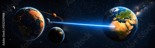  earth and multiple planets connected by a bright cosmic beam across starfield panorama