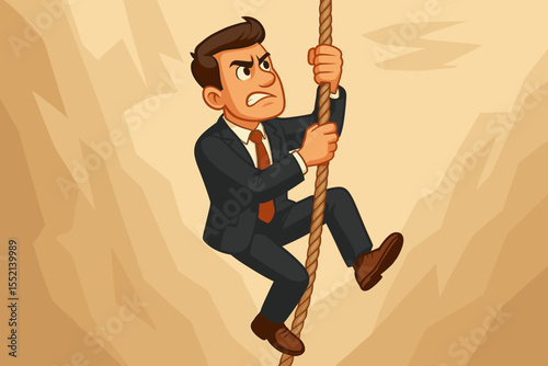Ambitious businessman climbing rope over cliff, overcoming obstacles, determination, perseverance, leadership, success, challenge, business achievement, motivation, vector cartoon illustration