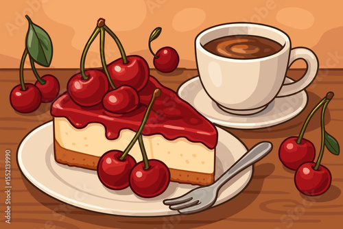 Cartoon cherry cheesecake slice with whole cherries, creamy dessert, coffee cup, wooden table background. Vector illustration for cafe, bakery, menu, breakfast, sweets, food and drink concept