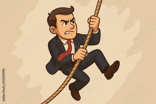 Determined businessman climbing rope. Success challenge, perseverance, ambition, career progress. Cartoon vector illustration of business effort, leadership, teamwork, overcoming obstacles concept.