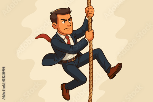 Determined businessman climbing rope, concept of ambition, perseverance, challenge, leadership, career success, achieving goals, strength, overcoming obstacles, vector cartoon illustration
