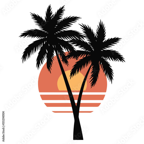 Tropical Sunset with Palm Tree Silhouettes – Exotic Island Landscape Vector