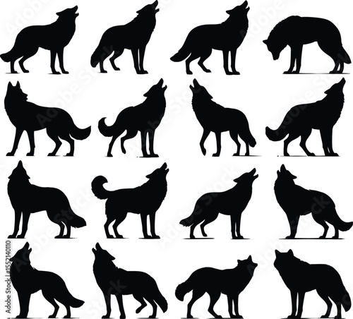 Collection of black wolf silhouettes in various howling poses