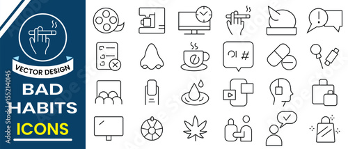 Bad habits icons collection. Outline icon of bad habits symbol and sign such as  smoking, sweet, fast food, alcohol, gambling, pills icons and more. Vector illustration.