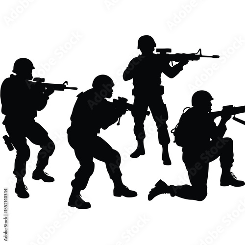 Four Soldiers Silhouettes Aiming Rifles military army